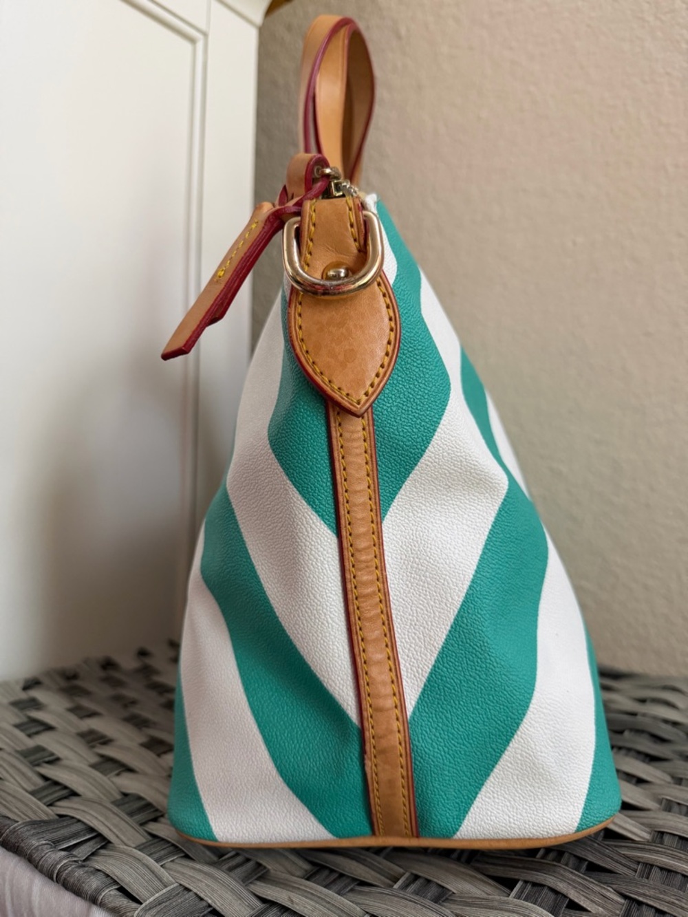 Dooney & Bourke Olivia Chevron Satchel Teal & White Stripes - Leather Top Handle - Picture 11 of 15